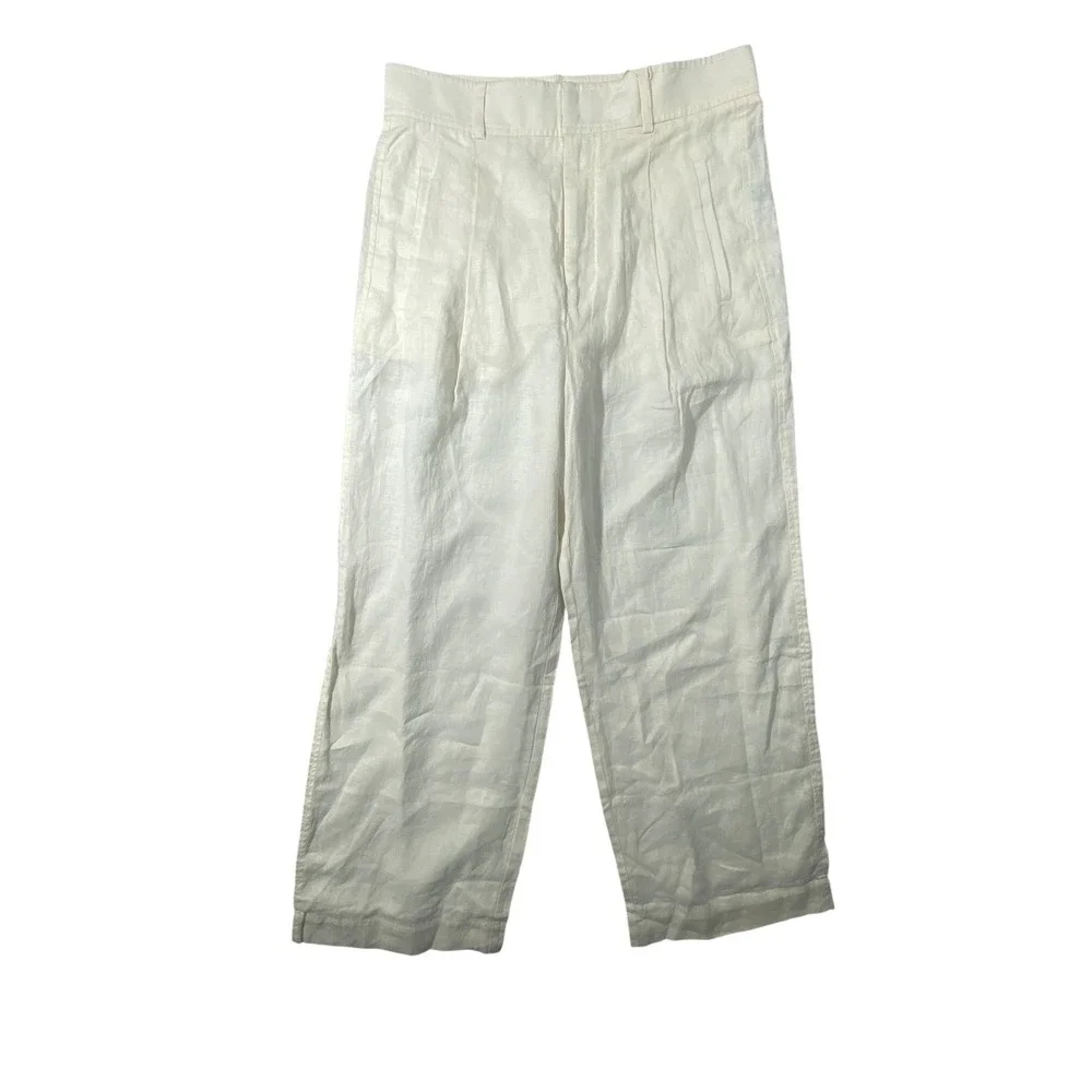 Everlane Way-High Drape Linen Pant Bone Off-White Wide‎ Leg Pleated Trousers 10